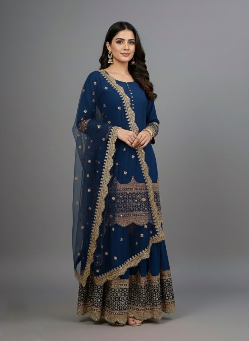 ₹2099 | ZF 250 Navy Blue Color Faux Georgette Embroidery Sequence Work Sharara Suit Wedding, Party, Festive, Events Etc. Expected Delivery 4-6 Working Days @2099/- | Jump Suits, Salwar suit, Casual Suits, Creative suits, Designer Suits, Palazzo Suits, Party Wear Suits, Patiala Suits, Straight Suits