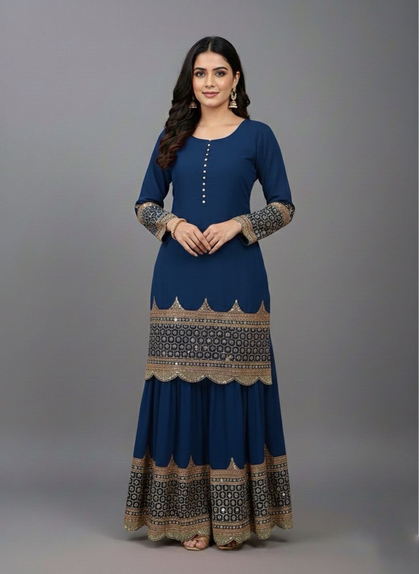 ₹2099 | ZF 250 Navy Blue Color Faux Georgette Embroidery Sequence Work Sharara Suit Wedding, Party, Festive, Events Etc. Expected Delivery 4-6 Working Days @2099/- | Jump Suits, Salwar suit, Casual Suits, Creative suits, Designer Suits, Palazzo Suits, Party Wear Suits, Patiala Suits, Straight Suits