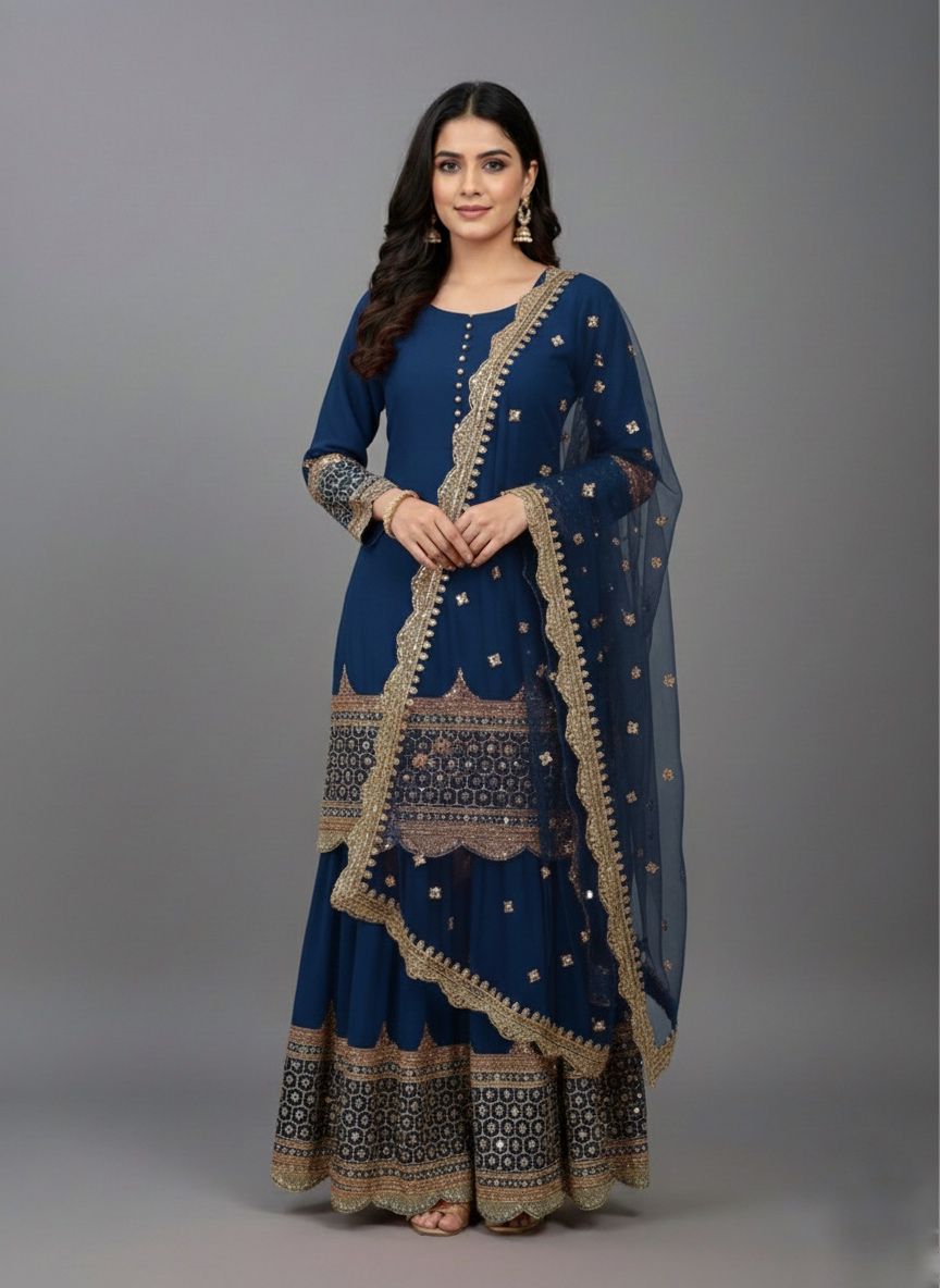 ₹2099 | ZF 250 Navy Blue Color Faux Georgette Embroidery Sequence Work Sharara Suit Wedding, Party, Festive, Events Etc. Expected Delivery 4-6 Working Days @2099/- | Jump Suits, Salwar suit, Casual Suits, Creative suits, Designer Suits, Palazzo Suits, Party Wear Suits, Patiala Suits, Straight Suits