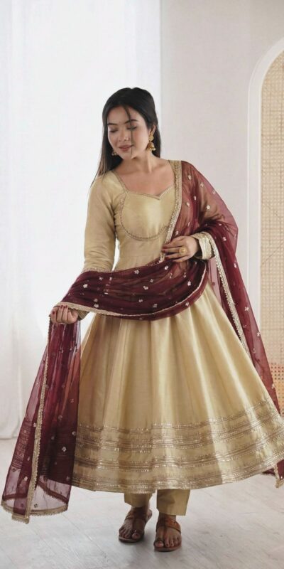 ₹2099 | ZF 5017 Off White Cosmos Gold Gown with Embroidery Work & Lace Work. Get it for ₹2099. Delivery 4-6 Working Days. Shop now. | Gowns, Bollywood Gowns, Creative Gowns, Designer Gowns, Embroidered Gowns, Party Wear Gowns