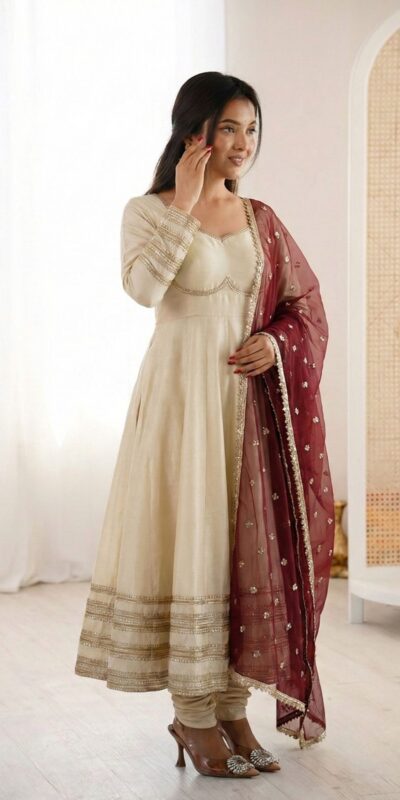 ₹2099 | ZF 5017 Off White Cosmos Gold Gown with Embroidery Work & Lace Work. Get it for ₹2099. Delivery 4-6 Working Days. Shop now. | Gowns, Bollywood Gowns, Creative Gowns, Designer Gowns, Embroidered Gowns, Party Wear Gowns