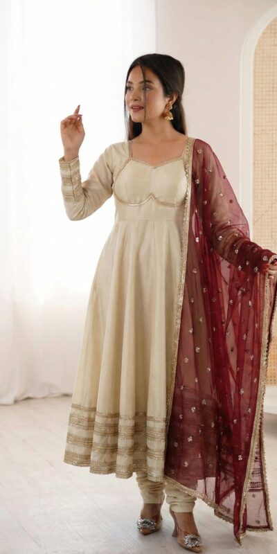 ₹2099 | ZF 5017 Off White Cosmos Gold Gown with Embroidery Work & Lace Work. Get it for ₹2099. Delivery 4-6 Working Days. Shop now. | Gowns, Bollywood Gowns, Creative Gowns, Designer Gowns, Embroidered Gowns, Party Wear Gowns