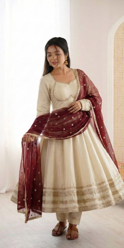 ₹2099 | ZF 5017 Off White Cosmos Gold Gown with Embroidery Work & Lace Work. Get it for ₹2099. Delivery 4-6 Working Days. Shop now. | Gowns, Bollywood Gowns, Creative Gowns, Designer Gowns, Embroidered Gowns, Party Wear Gowns