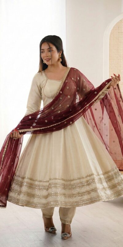 ₹2099 | ZF 5017 Off White Cosmos Gold Gown with Embroidery Work & Lace Work. Get it for ₹2099. Delivery 4-6 Working Days. Shop now. | Gowns, Bollywood Gowns, Creative Gowns, Designer Gowns, Embroidered Gowns, Party Wear Gowns