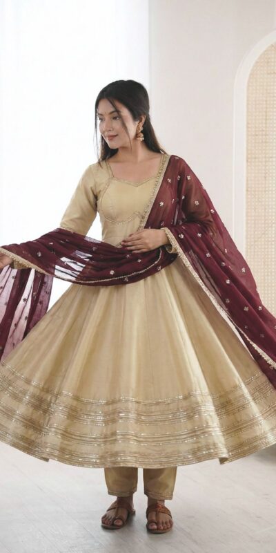 ₹2099 | ZF 5017 Off White Cosmos Gold Gown with Embroidery Work & Lace Work. Get it for ₹2099. Delivery 4-6 Working Days. Shop now. | Gowns, Bollywood Gowns, Creative Gowns, Designer Gowns, Embroidered Gowns, Party Wear Gowns