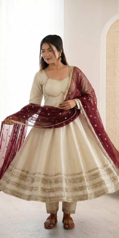 ₹2099 | ZF 5017 Off White Cosmos Gold Gown with Embroidery Work & Lace Work. Get it for ₹2099. Delivery 4-6 Working Days. Shop now. | Gowns, Bollywood Gowns, Creative Gowns, Designer Gowns, Embroidered Gowns, Party Wear Gowns