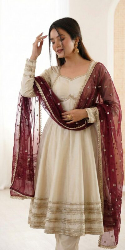 ₹2099 | ZF 5017 Off White Cosmos Gold Gown with Embroidery Work & Lace Work. Get it for ₹2099. Delivery 4-6 Working Days. Shop now. | Gowns, Bollywood Gowns, Creative Gowns, Designer Gowns, Embroidered Gowns, Party Wear Gowns
