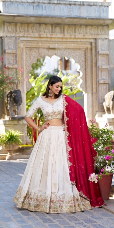 LNB 1411 Off White Vichitra Silk Lehenga Choli Perfect for Wedding, Party, Festival Celebrations, Ethnic Day, Durga Puja – . Available at ₹3499 on | Lehenga, Bollywood Lehenga, Creative Lehenga, Designer Lehenga, Embroidered Lehenga, Party Wear Lehenga