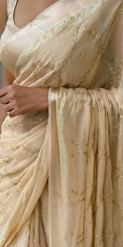 ₹1599 | MS 505 Off White Viscose Satin Saree with Sequins Work & Embroidery Work. Special Price ₹1599. Delivery 4-6 Working Days. Shop now. | Sarees, Bollywood Sarees, Creative Sarees, Designer Sarees, Embroidered Sarees, Ethnic Saree, Modern Digital sarees, Party Wear Sarees