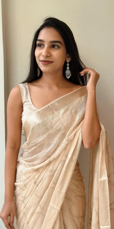 ₹1599 | MS 505 Off White Viscose Satin Saree with Sequins Work & Embroidery Work. Special Price ₹1599. Delivery 4-6 Working Days. Shop now. | Sarees, Bollywood Sarees, Creative Sarees, Designer Sarees, Embroidered Sarees, Ethnic Saree, Modern Digital sarees, Party Wear Sarees