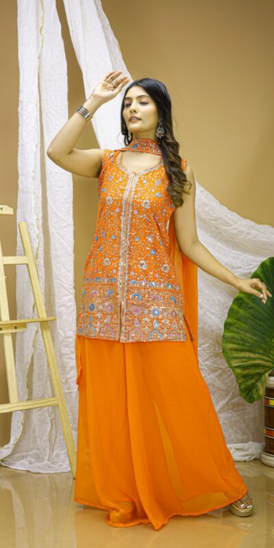 ₹1999 | FE 124 Orange Color Georgette Salwar Suit with Embroidery Work. Introductory Price ₹1999. Delivery 4-6 Working Days. Shop now. | Jump Suits, Salwar suit, Casual Suits, Creative suits, Designer Suits, Palazzo Suits, Party Wear Suits, Patiala Suits, Straight Suits