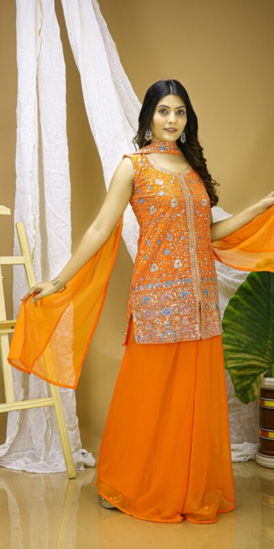 ₹1999 | FE 124 Orange Color Georgette Salwar Suit with Embroidery Work. Introductory Price ₹1999. Delivery 4-6 Working Days. Shop now. | Jump Suits, Salwar suit, Casual Suits, Creative suits, Designer Suits, Palazzo Suits, Party Wear Suits, Patiala Suits, Straight Suits