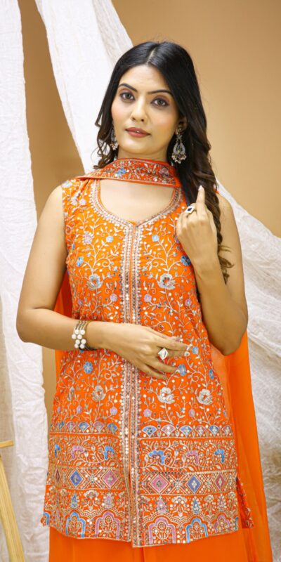 ₹1999 | FE 124 Orange Color Georgette Salwar Suit with Embroidery Work. Introductory Price ₹1999. Delivery 4-6 Working Days. Shop now. | Jump Suits, Salwar suit, Casual Suits, Creative suits, Designer Suits, Palazzo Suits, Party Wear Suits, Patiala Suits, Straight Suits