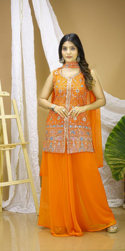 ₹1999 | FE 124 Orange Color Georgette Salwar Suit with Embroidery Work. Introductory Price ₹1999. Delivery 4-6 Working Days. Shop now. | Jump Suits, Salwar suit, Casual Suits, Creative suits, Designer Suits, Palazzo Suits, Party Wear Suits, Patiala Suits, Straight Suits