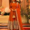 ₹2599 | ZSR 3152 Orange Color Roman silk Gown with Embroidery Work & Lace Work. Grab it for ₹2599. Delivery 4-6 Working Days. Shop now. | Gowns, Bollywood Gowns, Creative Gowns, Designer Gowns, Embroidered Gowns, Party Wear Gowns