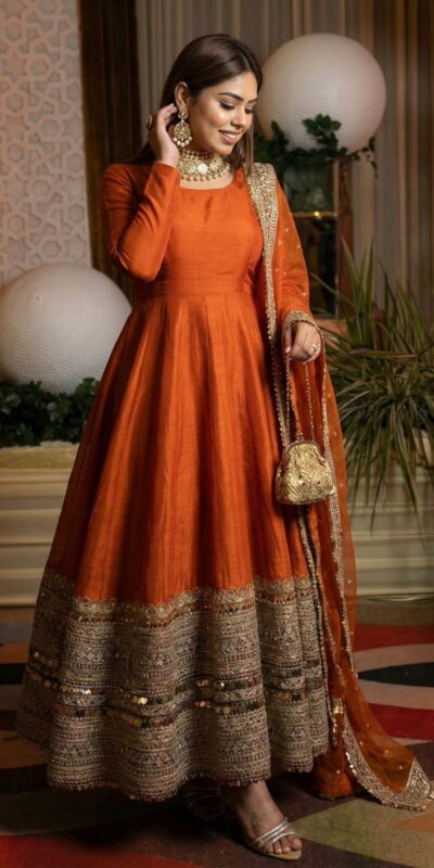 ₹2599 | ZSR 3152 Orange Color Roman silk Gown with Embroidery Work & Lace Work. Grab it for ₹2599. Delivery 4-6 Working Days. Shop now. | Gowns, Bollywood Gowns, Creative Gowns, Designer Gowns, Embroidered Gowns, Party Wear Gowns