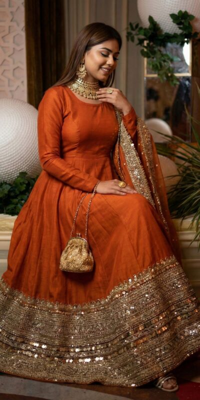 ₹2599 | ZSR 3152 Orange Color Roman silk Gown with Embroidery Work & Lace Work. Grab it for ₹2599. Delivery 4-6 Working Days. Shop now. | Gowns, Bollywood Gowns, Creative Gowns, Designer Gowns, Embroidered Gowns, Party Wear Gowns