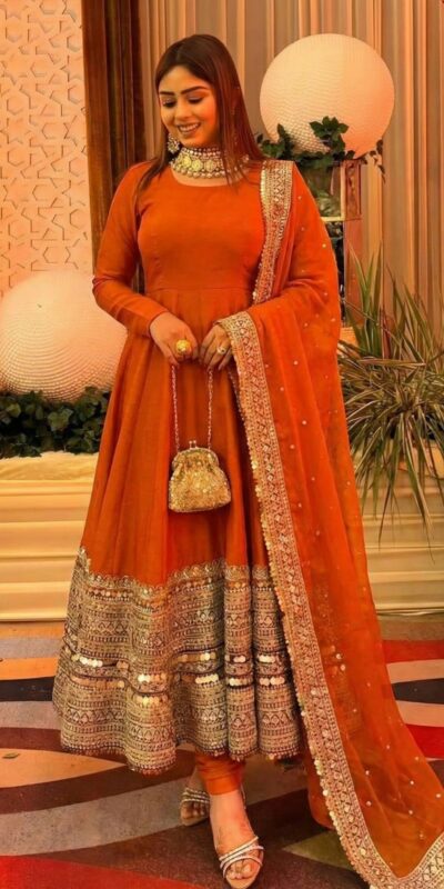 ₹2599 | ZSR 3152 Orange Color Roman silk Gown with Embroidery Work & Lace Work. Grab it for ₹2599. Delivery 4-6 Working Days. Shop now. | Gowns, Bollywood Gowns, Creative Gowns, Designer Gowns, Embroidered Gowns, Party Wear Gowns
