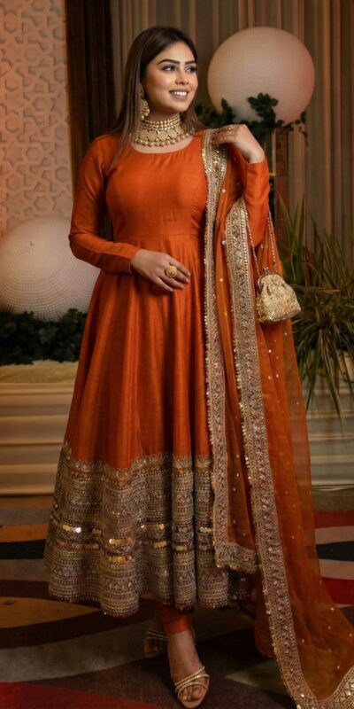 ₹2599 | ZSR 3152 Orange Color Roman silk Gown with Embroidery Work & Lace Work. Grab it for ₹2599. Delivery 4-6 Working Days. Shop now. | Gowns, Bollywood Gowns, Creative Gowns, Designer Gowns, Embroidered Gowns, Party Wear Gowns