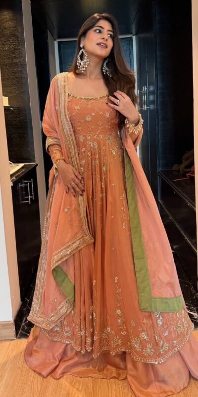 ₹2549 | KD 1573 Peach Color Chinon Silk Sequence Lace Work Gown. Online Affordable Price ₹2549. Delivery 4-6 Working Days. Shop now. | Gowns, Bollywood Gowns, Creative Gowns, Designer Gowns, Embroidered Gowns, Party Wear Gowns
