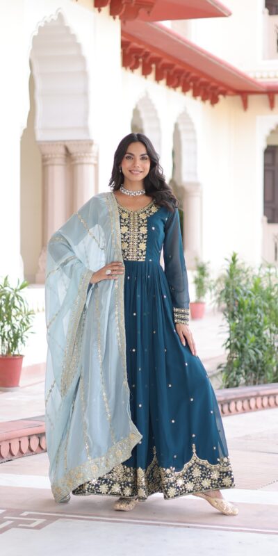 KA 1217 Peacock Blue Faux Georgette Sequence Work Gown Gown. Wedding, Party, Festive, Events Grab it for ₹2149. Delivery 4-6 Working Days. Shop now. | Gowns, Bollywood Gowns, Creative Gowns, Designer Gowns, Embroidered Gowns, Party Wear Gowns
