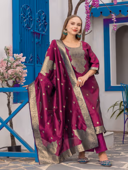 MF 111 Pink Chanderi Jacquard Salwar Suit with Zari Work. Best Price ₹1499. Wedding, Party, Festive, Events Delivery 4-6 Working Days. Shop now. | Jump Suits, Salwar suit, Casual Suits, Creative suits, Designer Suits, Palazzo Suits, Party Wear Suits, Patiala Suits, Straight Suits