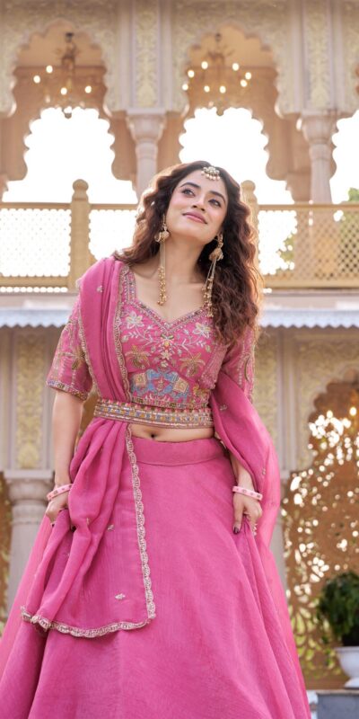 ₹3199 | Ram 160 Pink Color Crunchy Lehenga Choli with Embroidery Work. Online Festive Deal ₹3199. Delivery 4-6 Working Days. Shop now. | Lehenga, Bollywood Lehenga, Creative Lehenga, Designer Lehenga, Embroidered Lehenga, Party Wear Lehenga