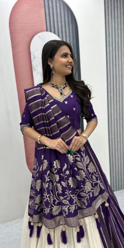 PC 560 Purple in Jacquard Silk Designer Work Lehenga Choli . Introductory Price ₹3249. Delivery 4-6 Working Days. Shop now. | Lehenga, Bollywood Lehenga, Creative Lehenga, Designer Lehenga, Embroidered Lehenga, Party Wear Lehenga