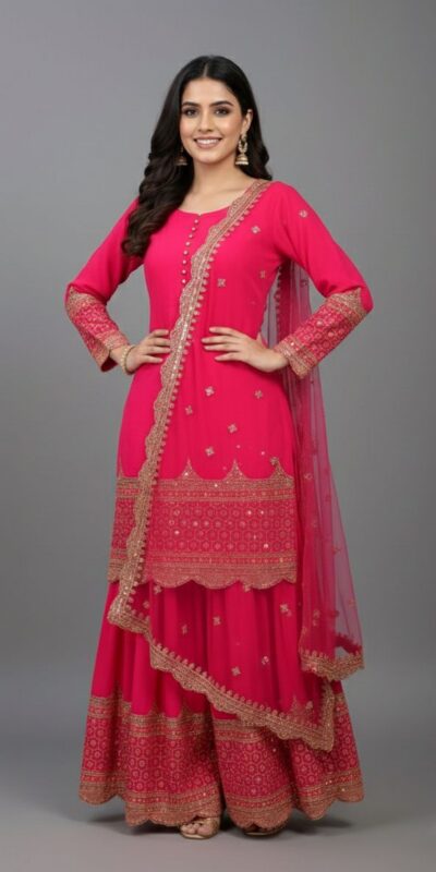 ₹2099 | ZF 250 Rani Pink Color Faux Georgette Embroidery Sequence Work Sharara Suit Wedding, Party, Festive, Events Etc. Expected Delivery 4-6 Working Days @2099/- | Jump Suits, Salwar suit, Casual Suits, Creative suits, Designer Suits, Palazzo Suits, Party Wear Suits, Patiala Suits, Straight Suits