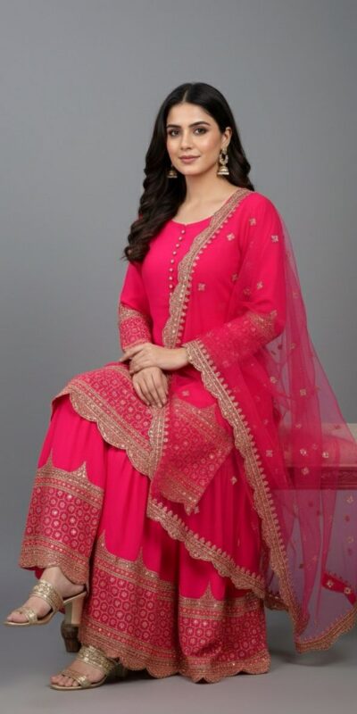 ₹2099 | ZF 250 Rani Pink Color Faux Georgette Embroidery Sequence Work Sharara Suit Wedding, Party, Festive, Events Etc. Expected Delivery 4-6 Working Days @2099/- | Jump Suits, Salwar suit, Casual Suits, Creative suits, Designer Suits, Palazzo Suits, Party Wear Suits, Patiala Suits, Straight Suits