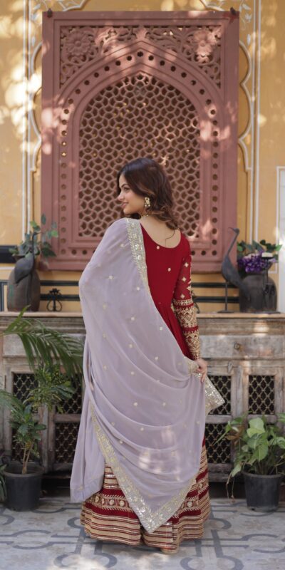 KA 1148 Red Color Faux Blooming Gown with Zari Work & Embroidery Work. Grab it for ₹1899. Delivery 4-6 Working Days. Shop now. | Gowns, Bollywood Gowns, Creative Gowns, Designer Gowns, Embroidered Gowns, Party Wear Gowns