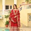 Red Faux Blooming Zari Sequins Work Gown