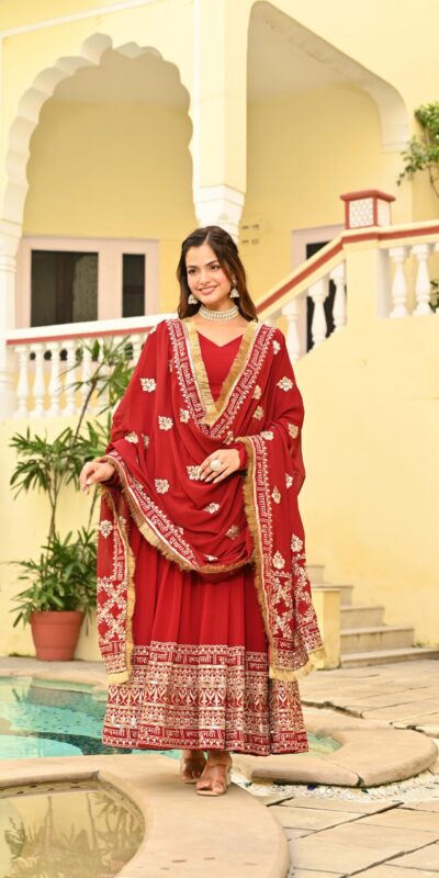 KA 1207 Red Faux Blooming Gown with Embroidery Work & Zari Work. Festive Deal ₹2649. Delivery 4-6 Working Days. Shop now. | Gowns, Bollywood Gowns, Creative Gowns, Designer Gowns, Embroidered Gowns, Party Wear Gowns