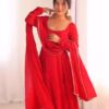 Red Faux Georgette Lace Work Gown