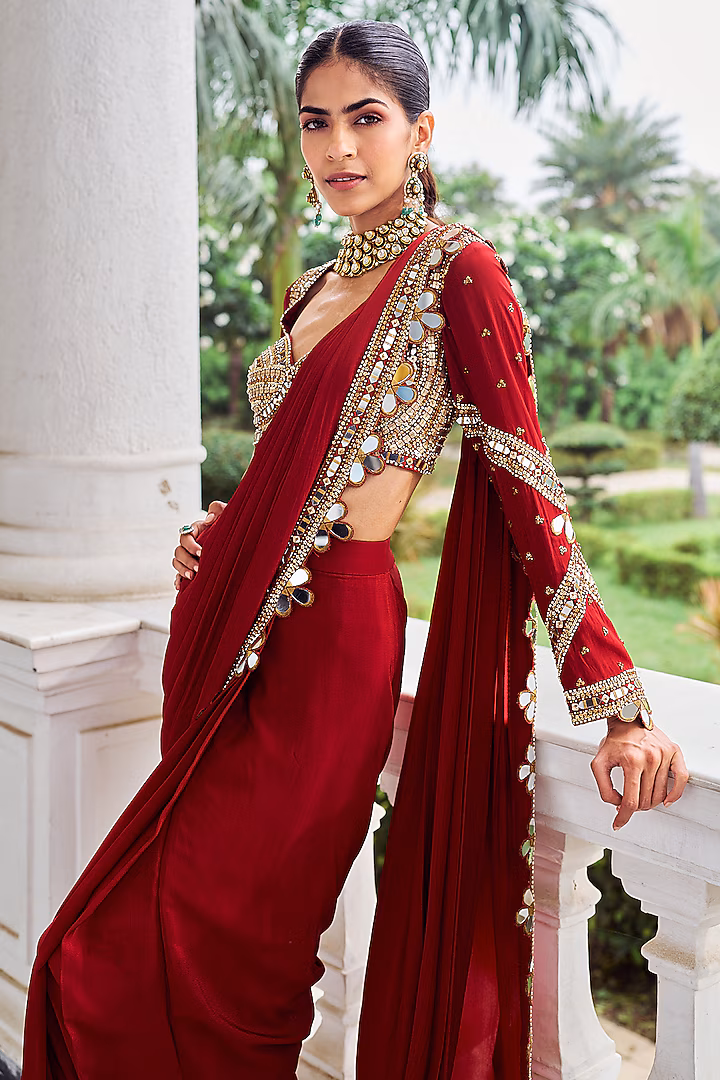 BD 1824 Red in Faux Georgette Mirror Work Saree . Wedding, Party, Festive, Events, Grab it for ₹1949. Delivery 4-6 Working Days. Shop now. | Sarees, Bollywood Sarees, Creative Sarees, Designer Sarees, Embroidered Sarees, Ethnic Saree, Modern Digital sarees, Party Wear Sarees