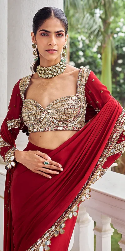 BD 1824 Red in Faux Georgette Mirror Work Saree . Wedding, Party, Festive, Events, Grab it for ₹1949. Delivery 4-6 Working Days. Shop now. | Sarees, Bollywood Sarees, Creative Sarees, Designer Sarees, Embroidered Sarees, Ethnic Saree, Modern Digital sarees, Party Wear Sarees