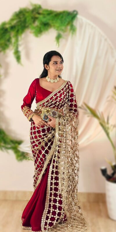 SRK 5322 Red Fendy Silk Saree with Lace Work & Mirror Work. Wedding, Party, Festive, Events, Festive Deal ₹2499. Delivery 4-6 Working Days. Shop now. | Sarees, Bollywood Sarees, Creative Sarees, Designer Sarees, Embroidered Sarees, Ethnic Saree, Modern Digital sarees, Party Wear Sarees