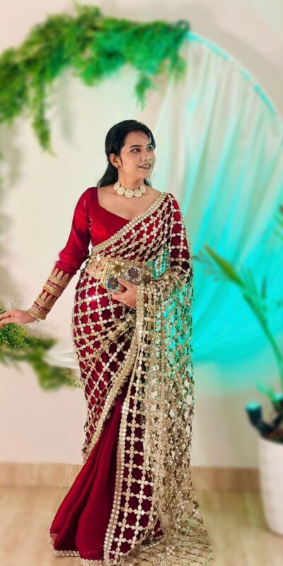 SRK 5322 Red Fendy Silk Saree with Lace Work & Mirror Work. Wedding, Party, Festive, Events, Festive Deal ₹2499. Delivery 4-6 Working Days. Shop now. | Sarees, Bollywood Sarees, Creative Sarees, Designer Sarees, Embroidered Sarees, Ethnic Saree, Modern Digital sarees, Party Wear Sarees