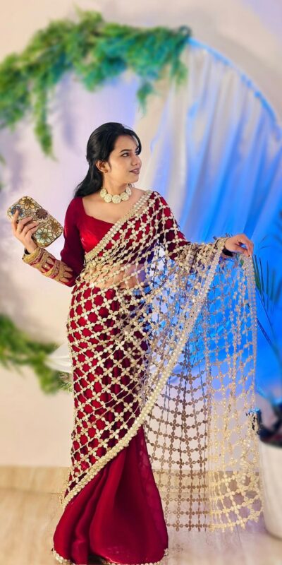 SRK 5322 Red Fendy Silk Saree with Lace Work & Mirror Work. Wedding, Party, Festive, Events, Festive Deal ₹2499. Delivery 4-6 Working Days. Shop now. | Sarees, Bollywood Sarees, Creative Sarees, Designer Sarees, Embroidered Sarees, Ethnic Saree, Modern Digital sarees, Party Wear Sarees