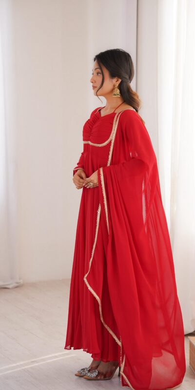 KB 291 Red Color Fox Blooming Georgette Gown with Lace Work. Affordable Price ₹1899. Delivery 4-6 Working Days. Shop now. | Gowns, Bollywood Gowns, Creative Gowns, Designer Gowns, Embroidered Gowns, Party Wear Gowns
