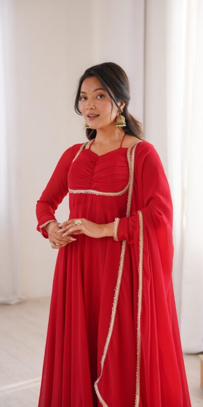 KB 291 Red Color Fox Blooming Georgette Gown with Lace Work. Affordable Price ₹1899. Delivery 4-6 Working Days. Shop now. | Gowns, Bollywood Gowns, Creative Gowns, Designer Gowns, Embroidered Gowns, Party Wear Gowns
