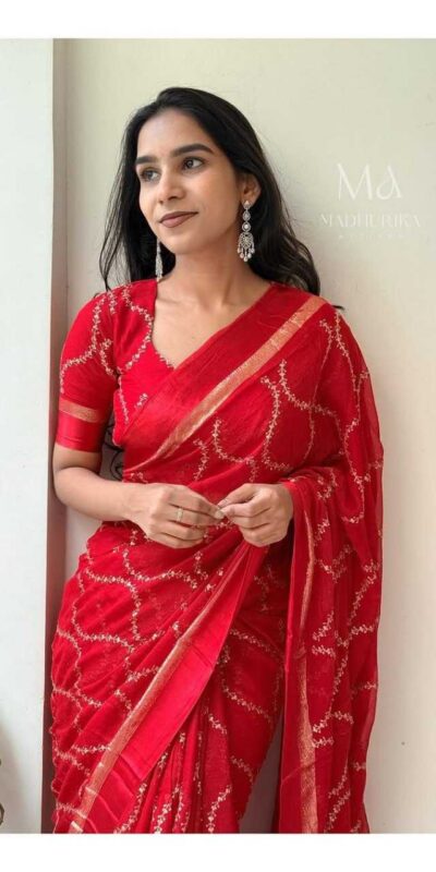 ₹1599 | MS 505 Red Viscose Satin Saree with Sequins Work & Embroidery Work. Special Price ₹1599. Delivery 4-6 Working Days. Shop now. | Sarees, Bollywood Sarees, Creative Sarees, Designer Sarees, Embroidered Sarees, Ethnic Saree, Modern Digital sarees, Party Wear Sarees