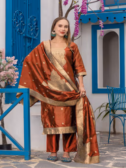 MF 111 Rust Chanderi Jacquard Salwar Suit with Zari Work. Best Price ₹1499. Wedding, Party, Festive, Events Delivery 4-6 Working Days. Shop now. | Jump Suits, Salwar suit, Casual Suits, Creative suits, Designer Suits, Palazzo Suits, Party Wear Suits, Patiala Suits, Straight Suits