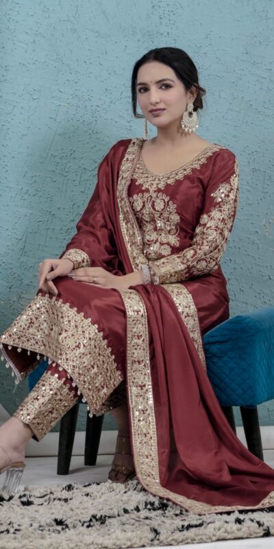 ND 5034 Rust Chinon Silk Salwar Suit with Lace Work & Embroidery Work. Best Price ₹2099. Delivery 4-6 Working Days. Shop now. | Jump Suits, Salwar suit, Casual Suits, Creative suits, Designer Suits, Palazzo Suits, Party Wear Suits, Patiala Suits, Straight Suits