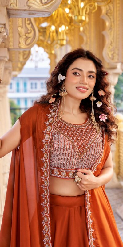 Ram 155 Rust in Color Rangoli Silk Embroidery Work Lehenga Choli . Exclusive Offer ₹3249. Delivery 4-6 Working Days. Shop now. | Lehenga, Bollywood Lehenga, Creative Lehenga, Designer Lehenga, Embroidered Lehenga, Party Wear Lehenga