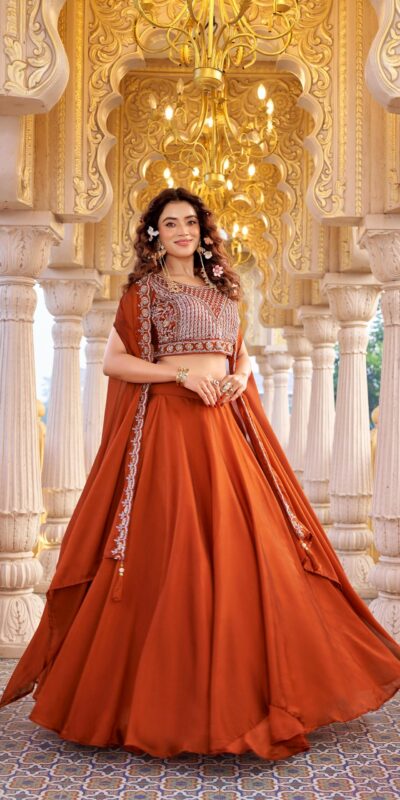 Ram 155 Rust in Color Rangoli Silk Embroidery Work Lehenga Choli . Exclusive Offer ₹3249. Delivery 4-6 Working Days. Shop now. | Lehenga, Bollywood Lehenga, Creative Lehenga, Designer Lehenga, Embroidered Lehenga, Party Wear Lehenga