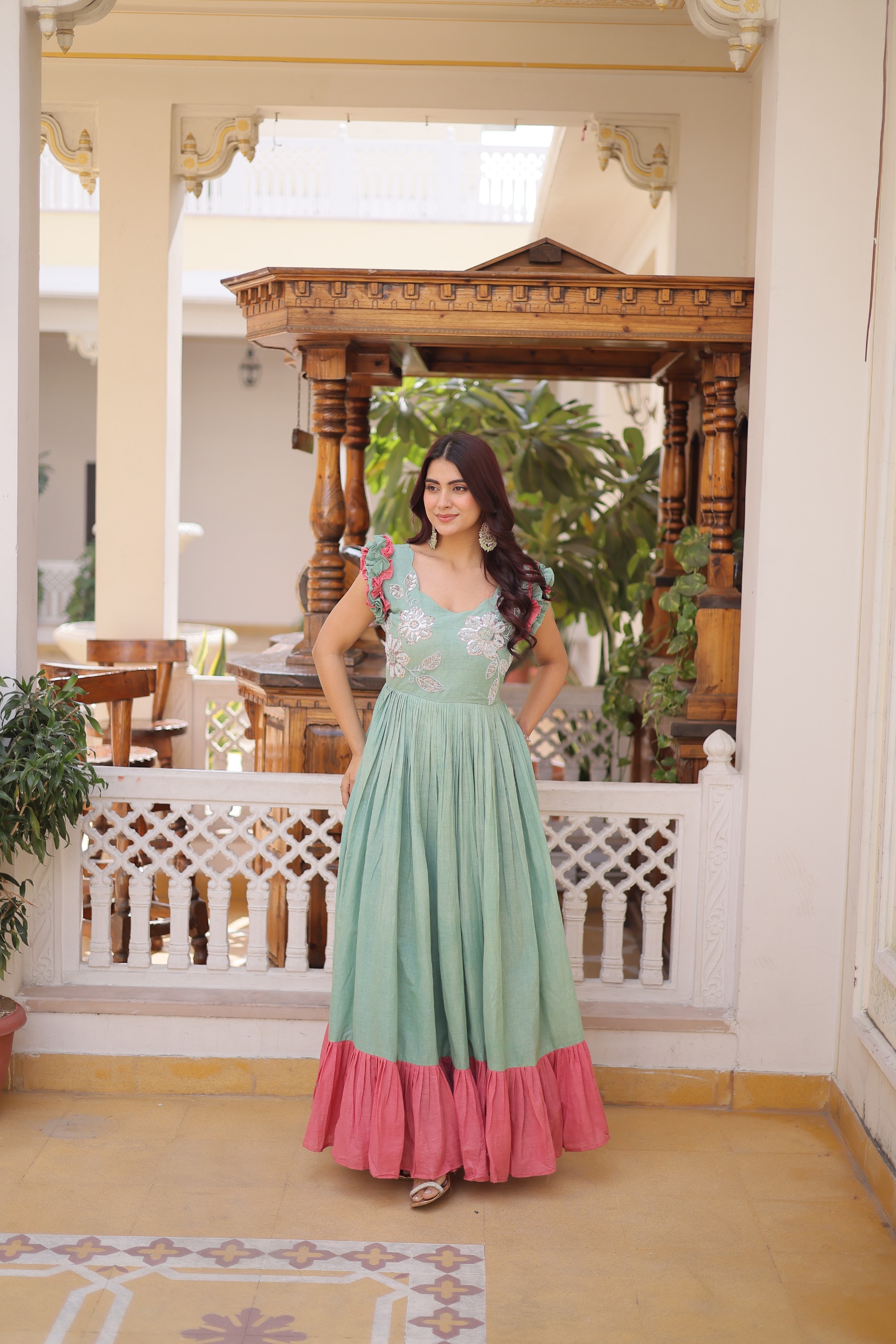 green emerald velvet dress PINE GREEN LONG SILK DRESS WITH DRAPED NECKLINE