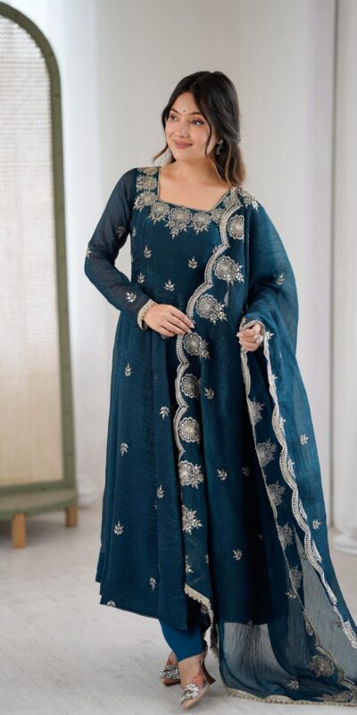 ZF 5011 Teal Crunchy Silk Gown with Embroidery Work. Wedding, Party, Festive, Events Best Price ₹2099. Delivery 4-6 Working Days. Shop now. | Gowns, Bollywood Gowns, Creative Gowns, Designer Gowns, Embroidered Gowns, Party Wear Gowns