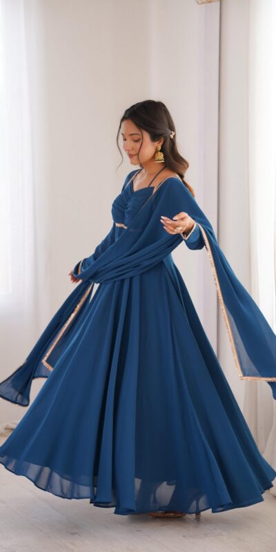 KB 291 Teal Color Fox Blooming Georgette Gown with Lace Work. Affordable Price ₹1899. Delivery 4-6 Working Days. Shop now. | Gowns, Bollywood Gowns, Creative Gowns, Designer Gowns, Embroidered Gowns, Party Wear Gowns