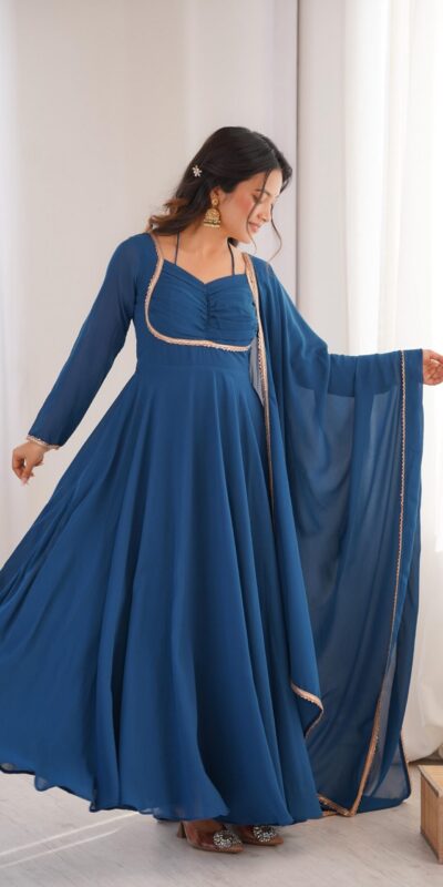 KB 291 Teal Color Fox Blooming Georgette Gown with Lace Work. Affordable Price ₹1899. Delivery 4-6 Working Days. Shop now. | Gowns, Bollywood Gowns, Creative Gowns, Designer Gowns, Embroidered Gowns, Party Wear Gowns